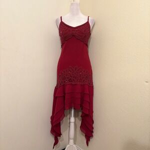 Burgundy Red Silk Blend Crochet Lace Beaded Ruffle Handkerchief Hem Dress L